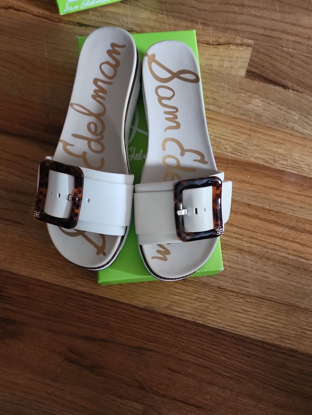Sam Edelman White Slide Sandals with Tortoiseshell Buckle - Picture 2 of 3